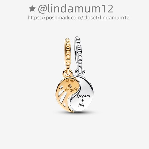 Pandora Two-tone Splittable Sun & Moon Dangle Charm - Picture 2 of 5